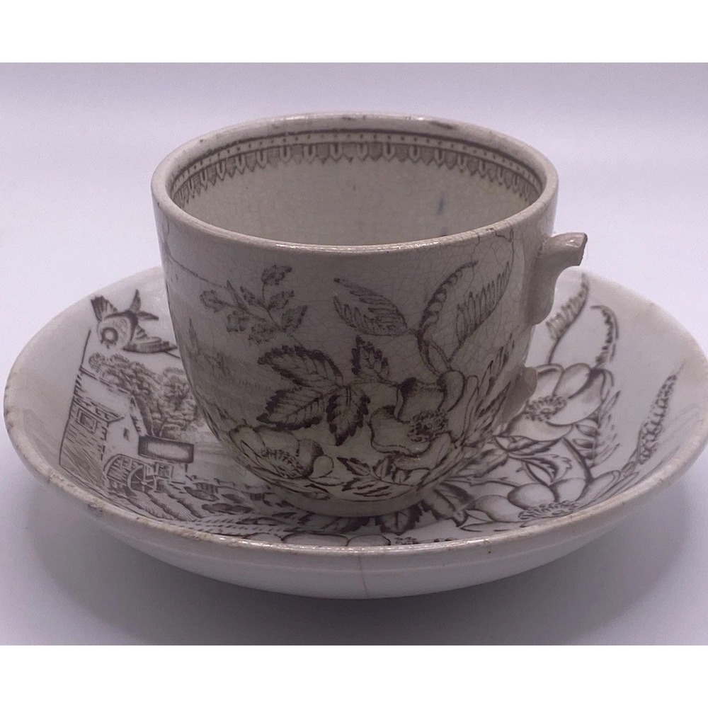 Antique Teacup 1800's Demi Cup & Saucer Brown Transferware William Adderly